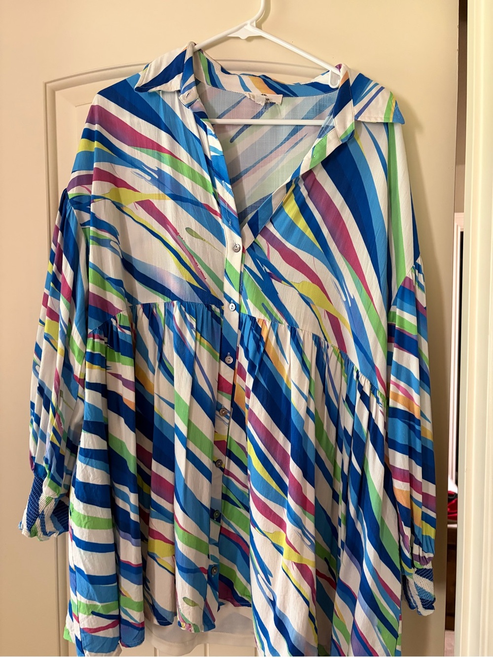 entro Color-Block Stripe Blouse - Blue, Green, Yellow, Pink
